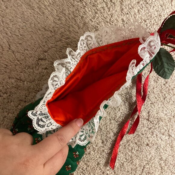 Vintage Victorian High Heel Shoe Boot Christmas Stocking Hand Made Green 17.5” - Picture 6 of 8